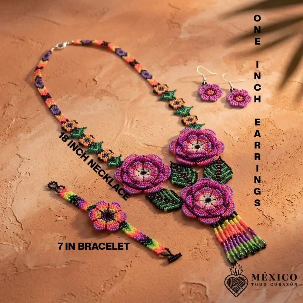 Huichol Mexican art 3 piece necklace earings and bracelet orange